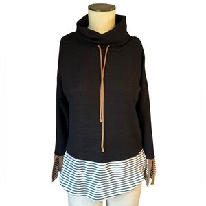 THML Layered Look Cowl Neck Black Striped Hem Long Sleeve Sweater Sz S